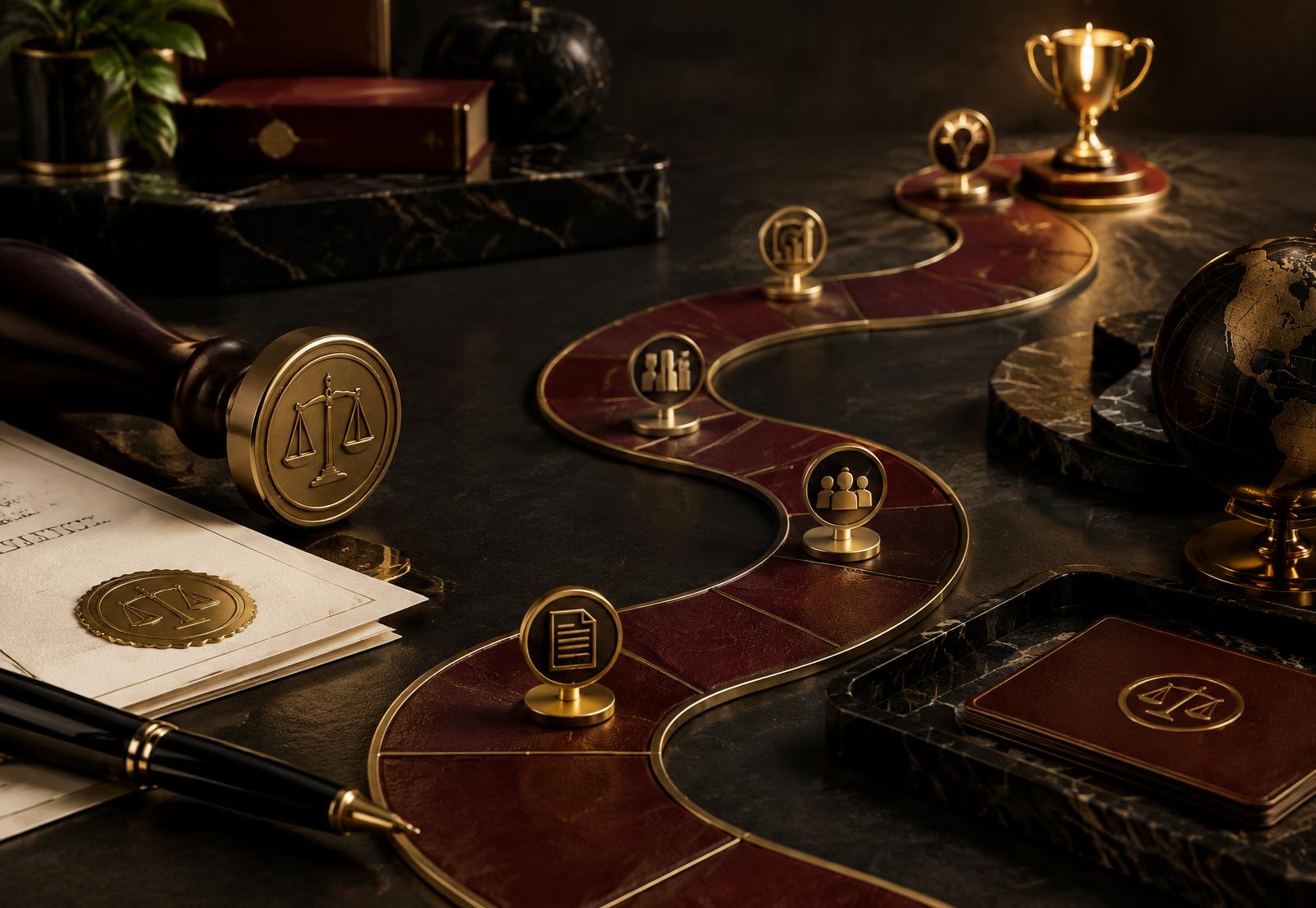 A burgundy and gold journey path with milestone markers and a trophy